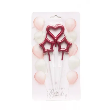 Świeczki dekoracja na TORT bordowe serce i gwiazdki 3 elementy